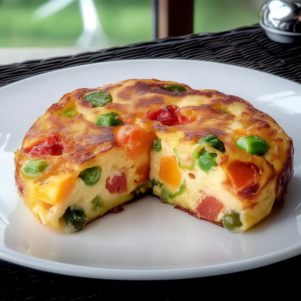 Um pedaço de quiche com carne e vegetais.