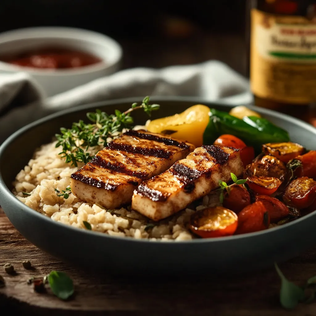 Um prato de comida com arroz, tomates, cebola, pimentões e carne de frango.