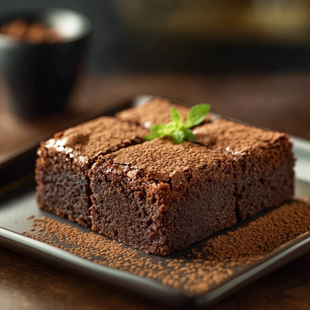 Um pedaço de chocolate com uma folha de menta no topo.