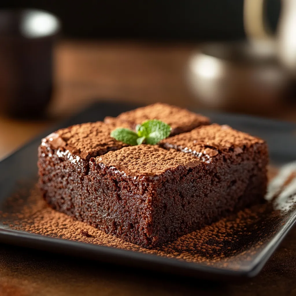 Um pedaço de chocolate com uma folha de menta no topo.