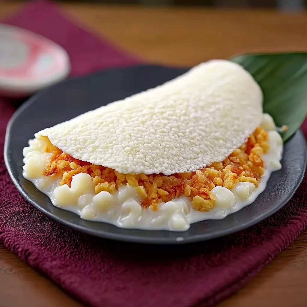 Um prato de comida com uma camada de creme e camadas de carne e vegetais.
