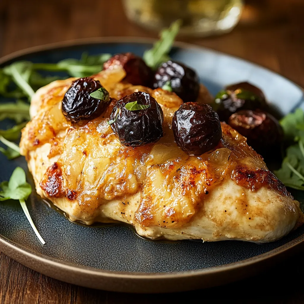 Frango grelhado com cerejas e folhas.