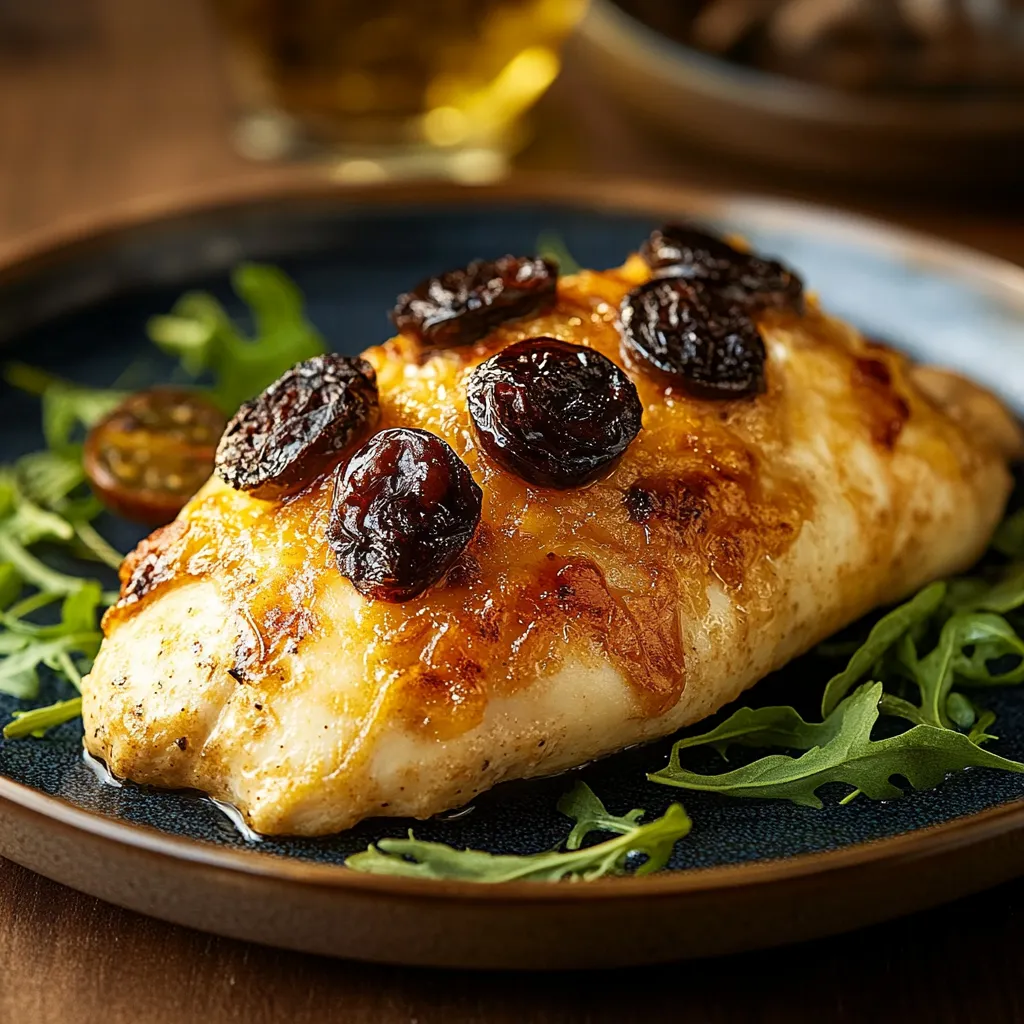 Frango grelhado com cerejas no topo.
