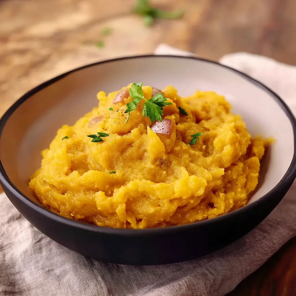 Um prato de purê com cebola e alho.