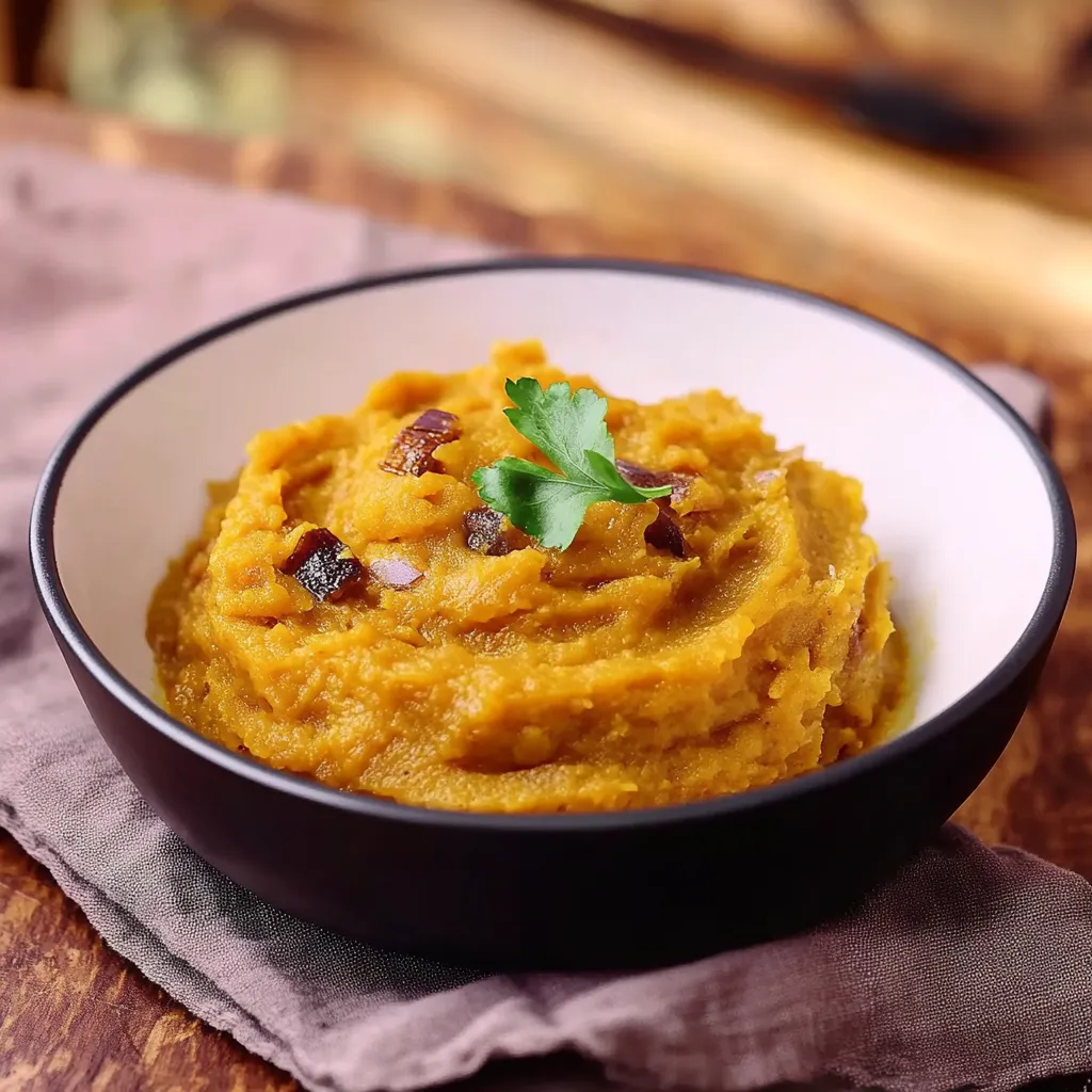 Um prato de sopa com uma folha de cebola no topo.