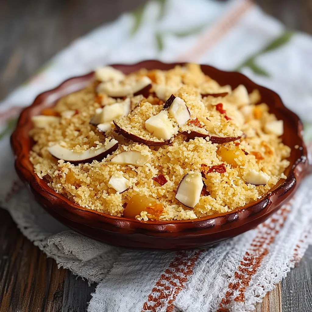 Um prato de arroz com frutas e nozes.