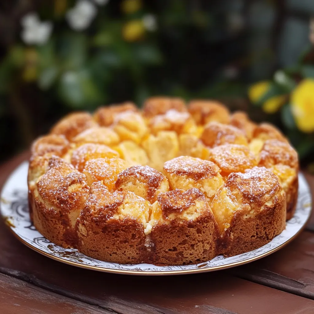 Um cake com frutas e granulado em uma tábua de madeira.