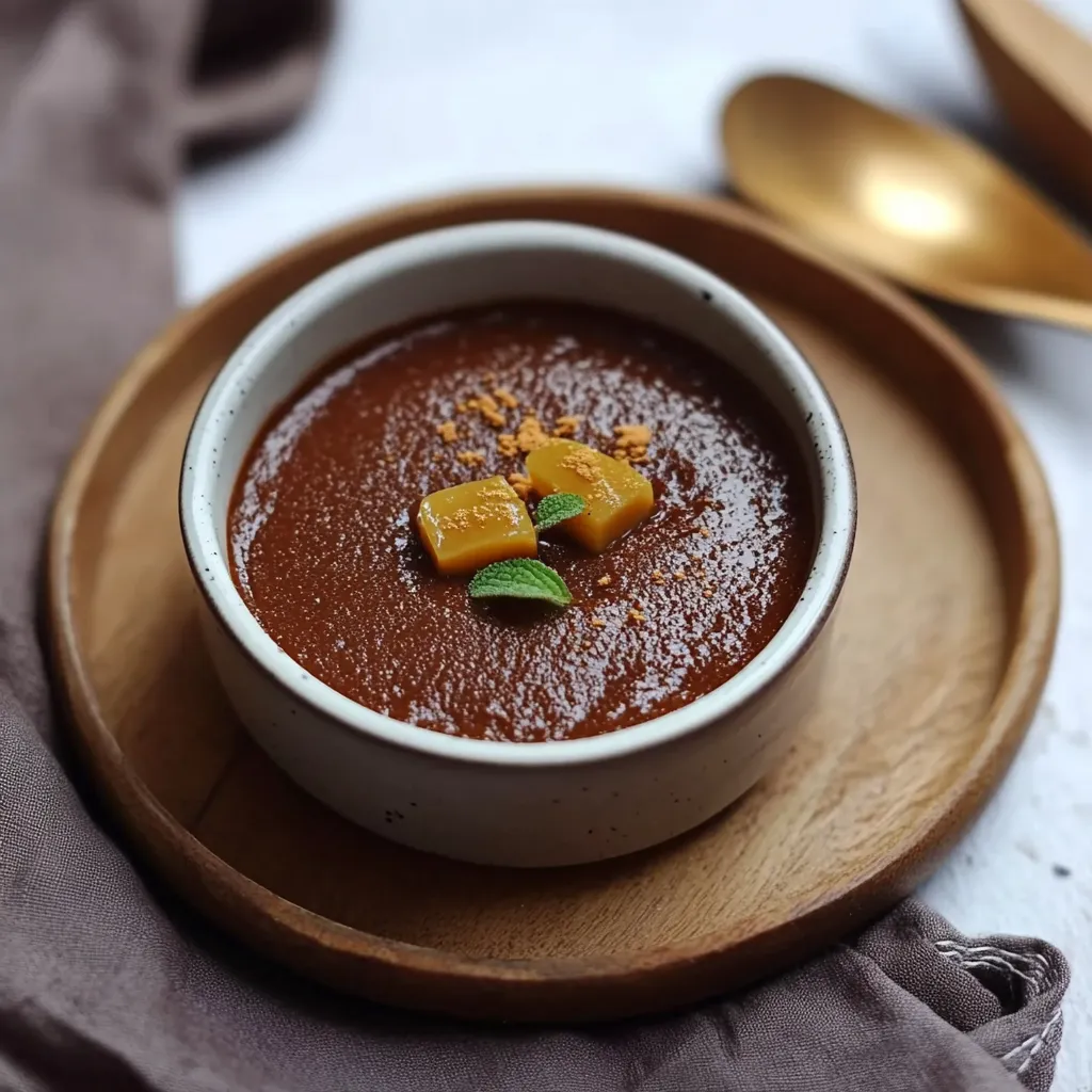 Um prato de sopa com frutas no fundo.