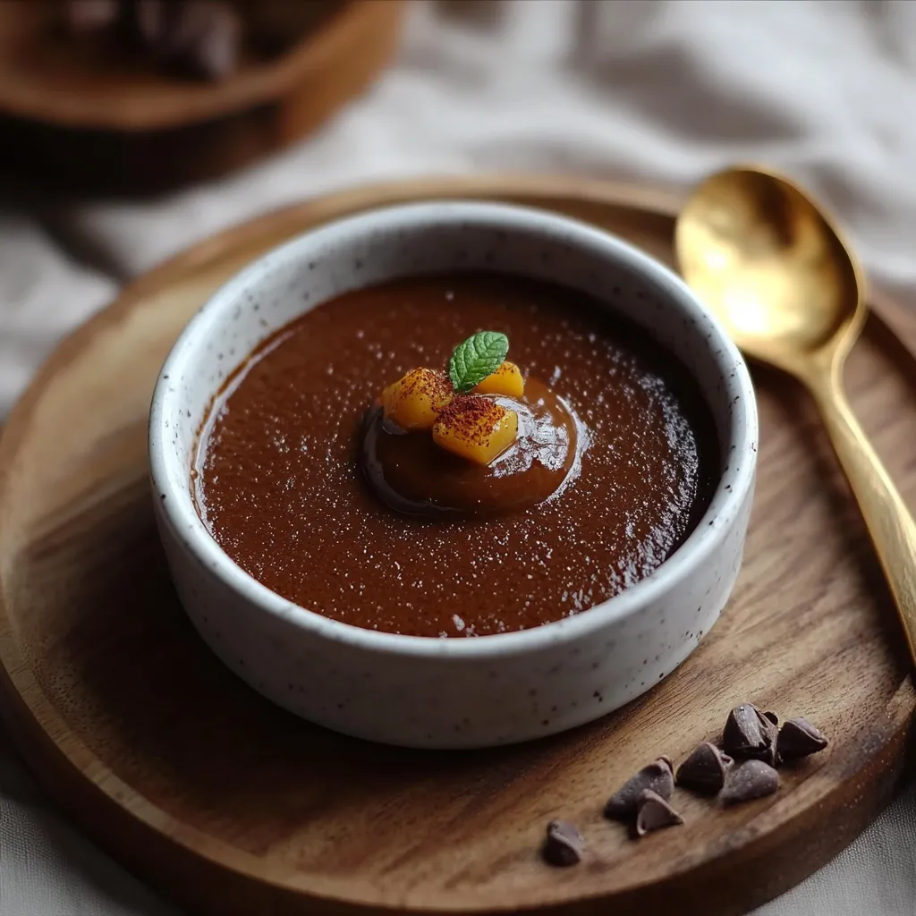 Um prato de sopa com chocolate e frutas.