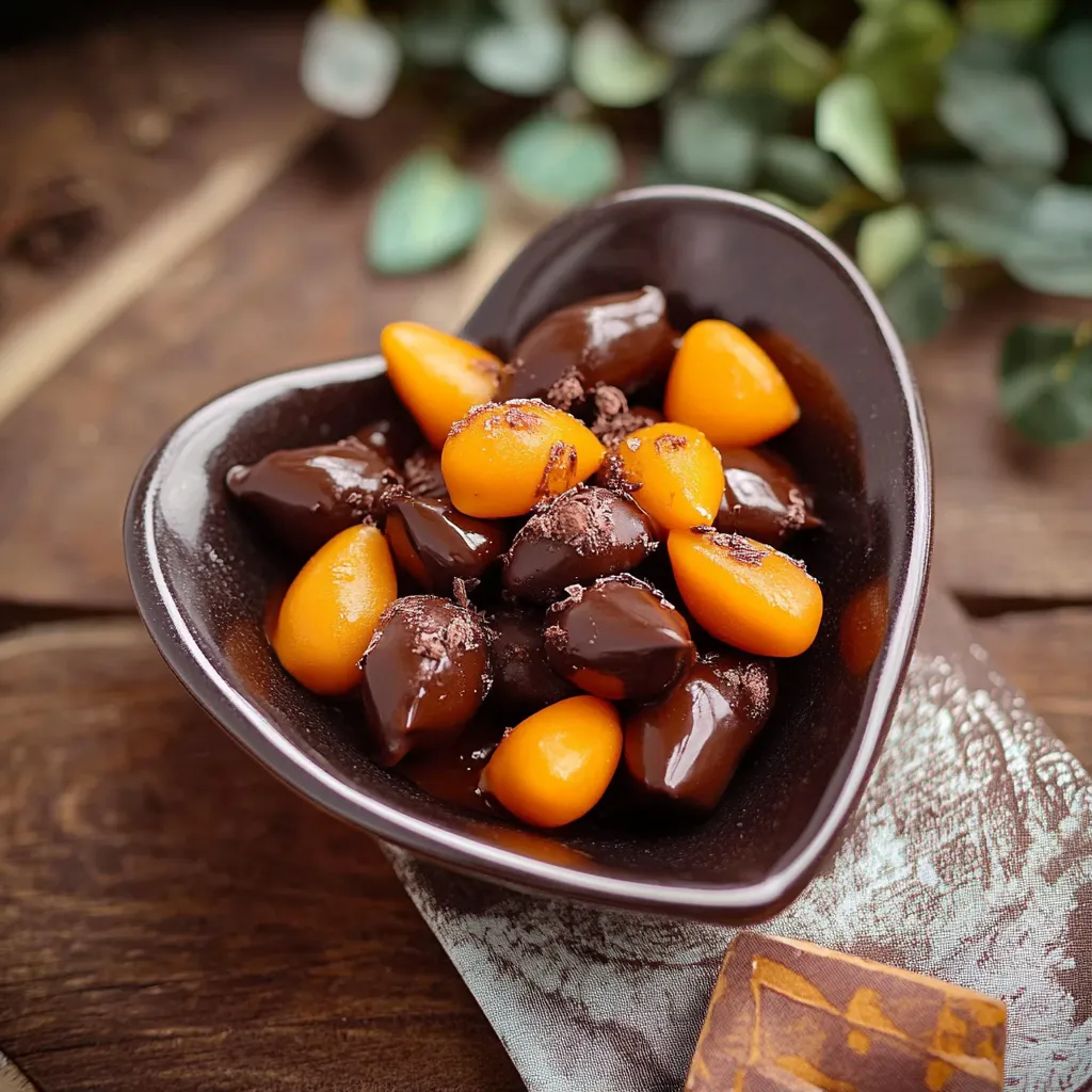 Um frasco com frutas e chocolate.