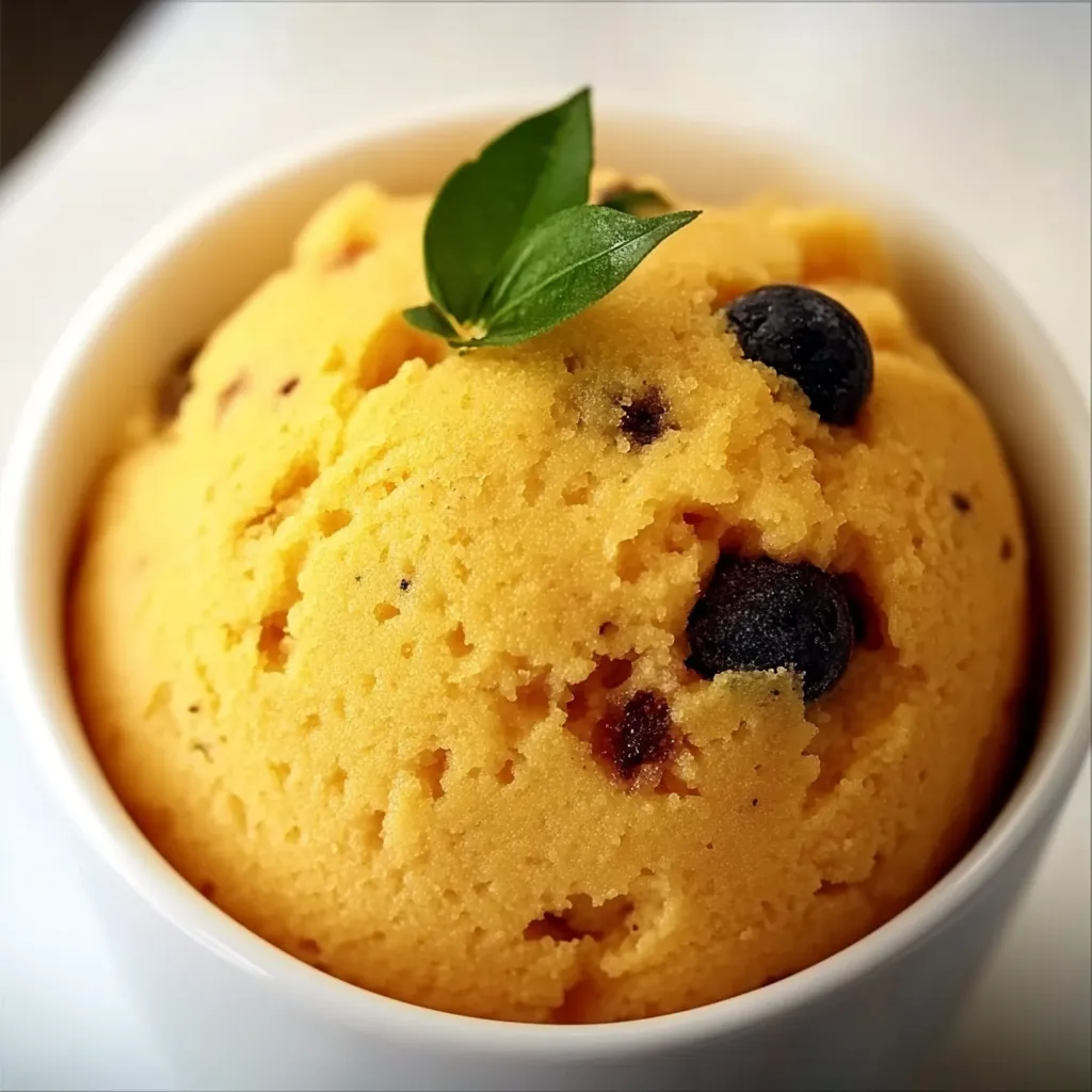 Um copo de creme de laranja com uma folha verde no topo.