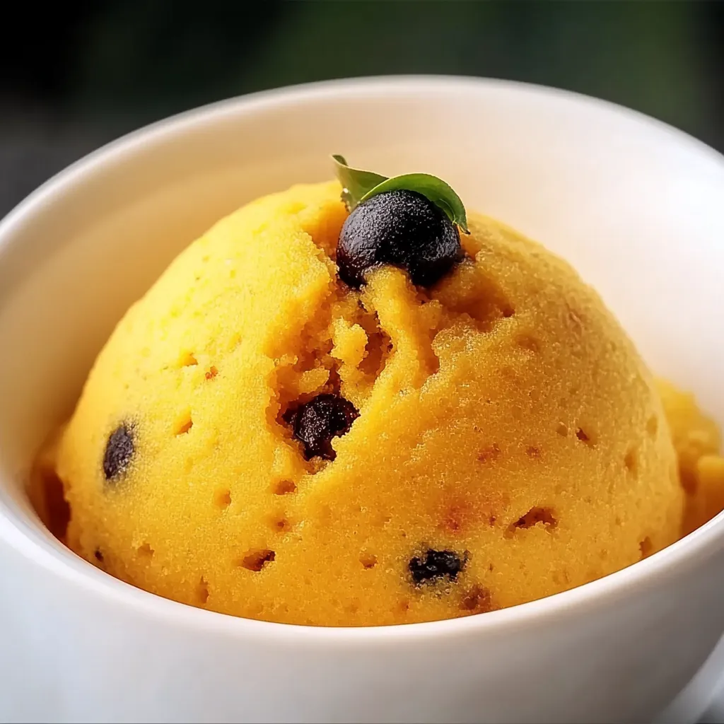 Um copo de creme de laranja com uma folha verde no topo.