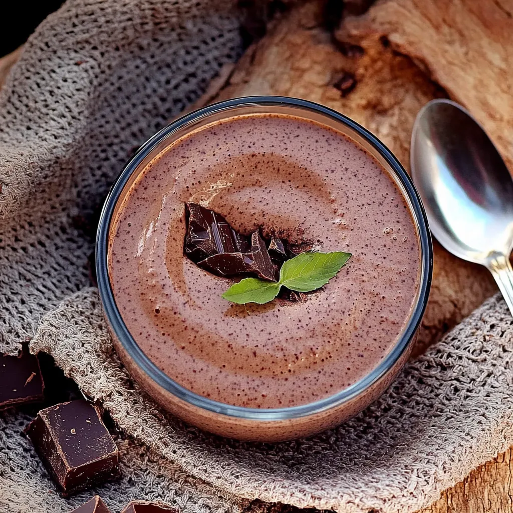 Um copo de chocolate com uma folha de espinaca no fundo.