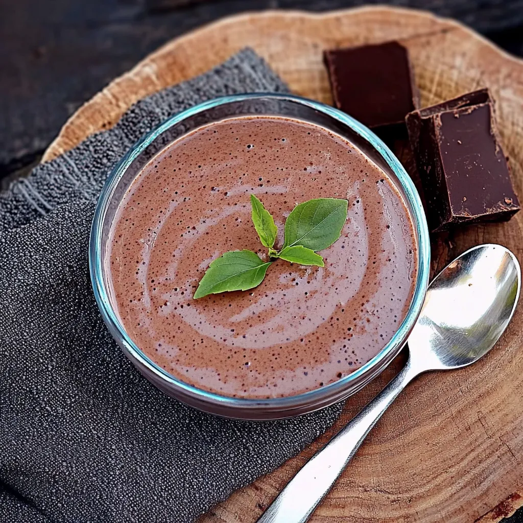 Um copo de chocolate com uma folha de espinaca no fundo.