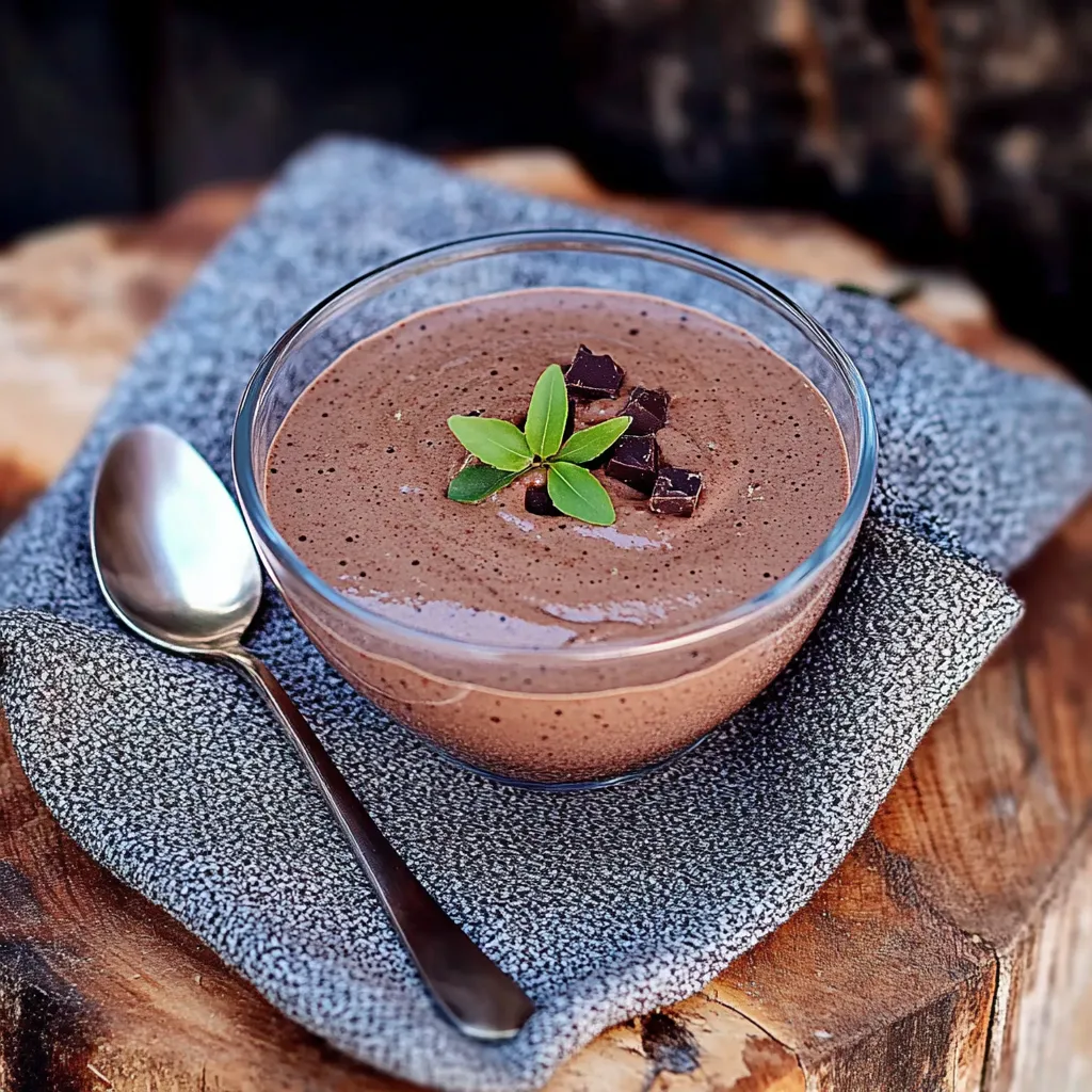 Um copo de chocolate com uma folha verde no fundo.