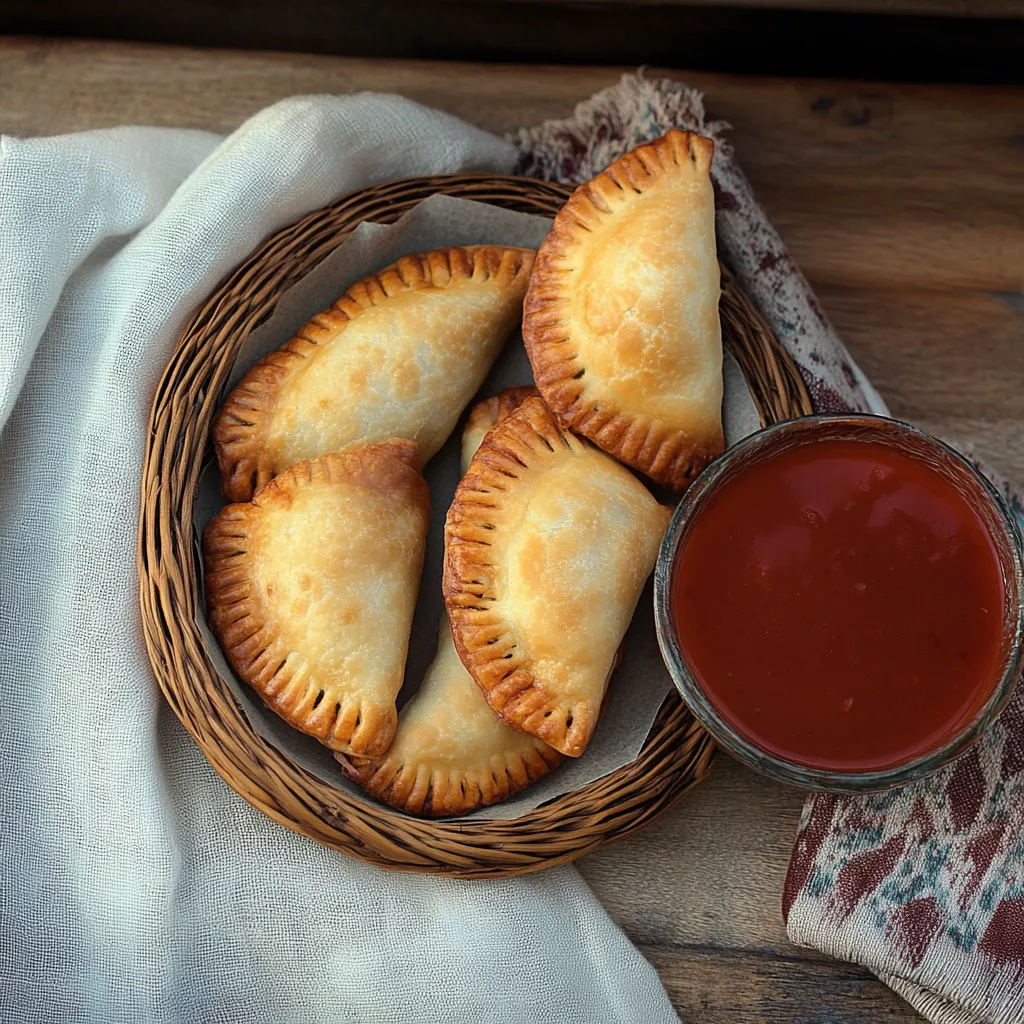 Quatro pastel de frango em um pote de barro com ketchup.