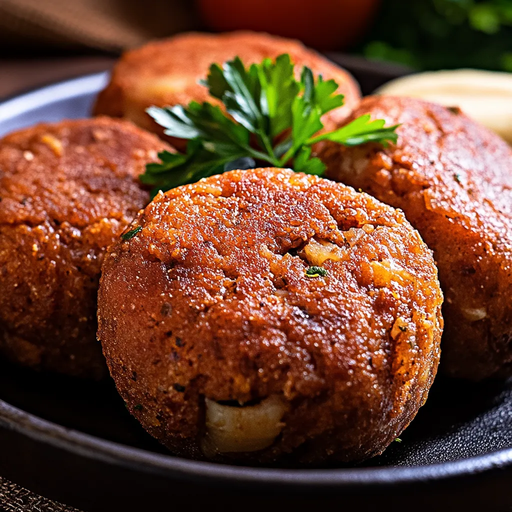 Quatro bolinhas de carne com cebola.