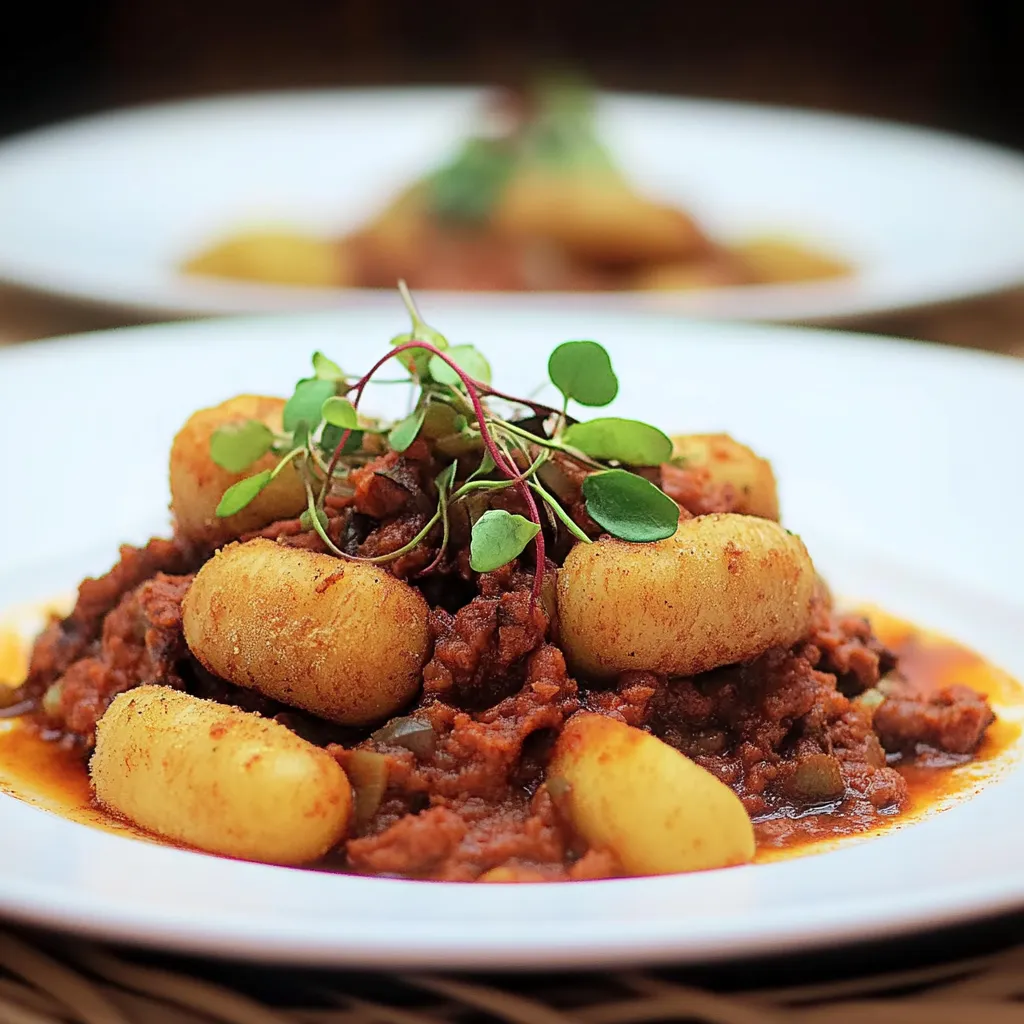 Um prato de comida com carne, batatas e cebola.