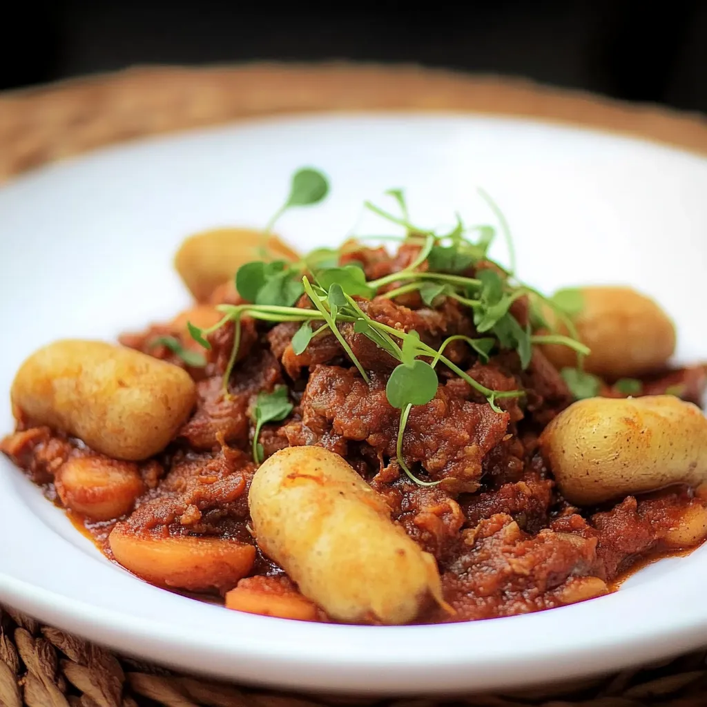 Um prato com carne e batatas.