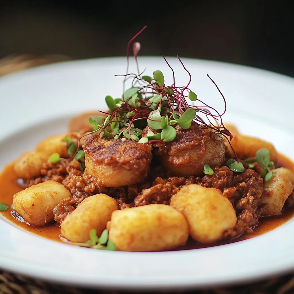 Alimentos em um prato, incluindo carne, batatas e ervas.