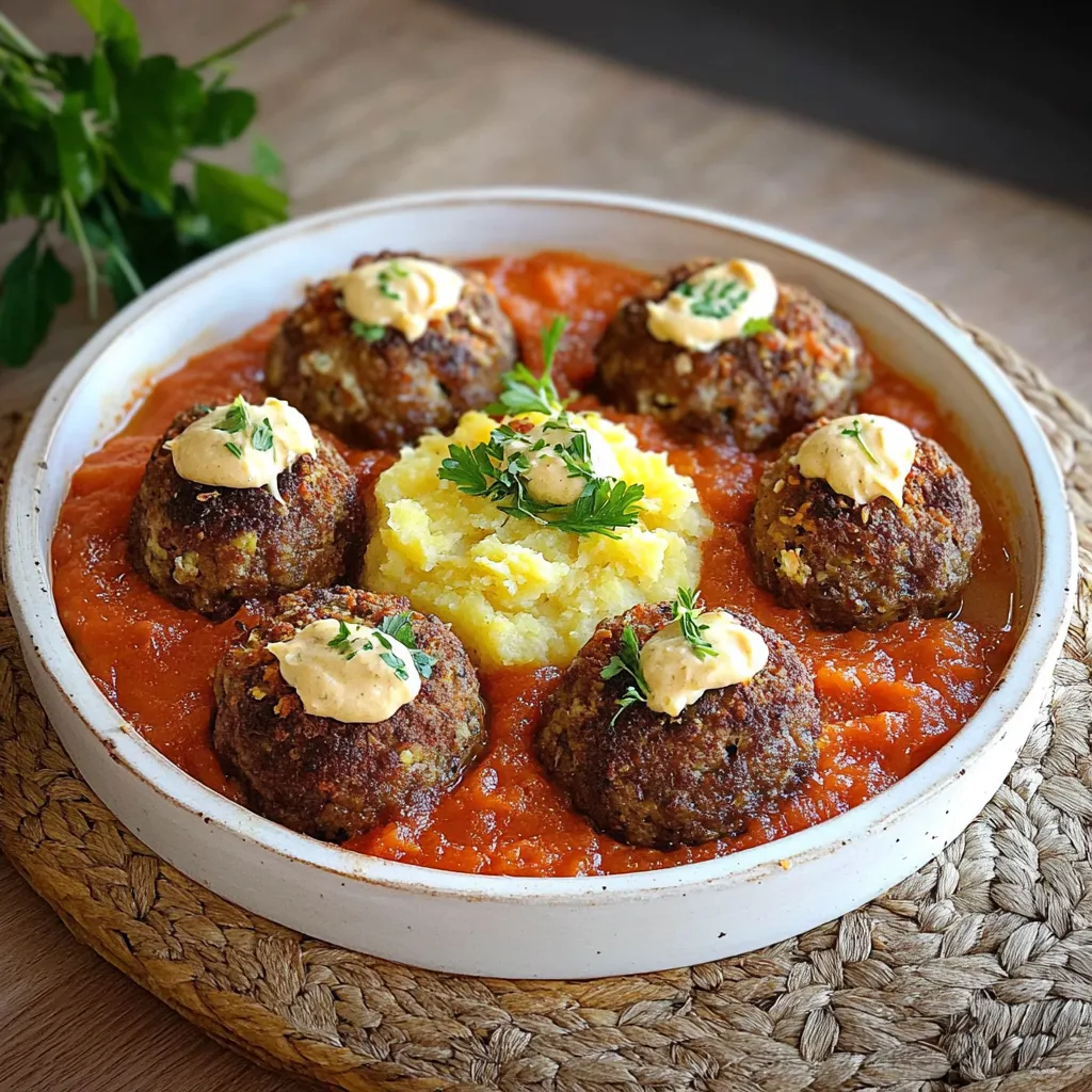 Um prato com bolinhas de carne e batatas.