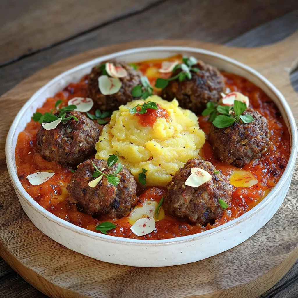Um prato com carne, papas e cebola.