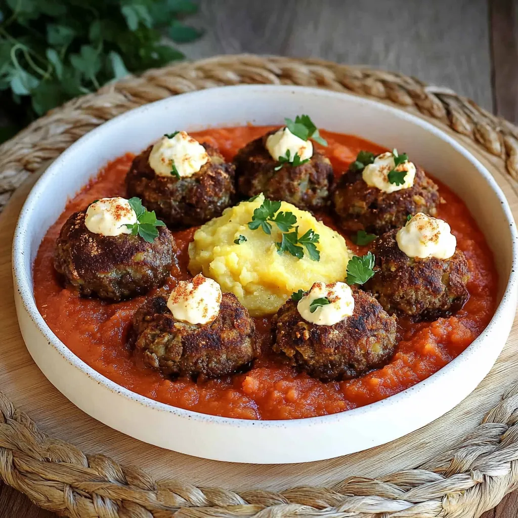 Um prato com bolinhas de carne e tomate.