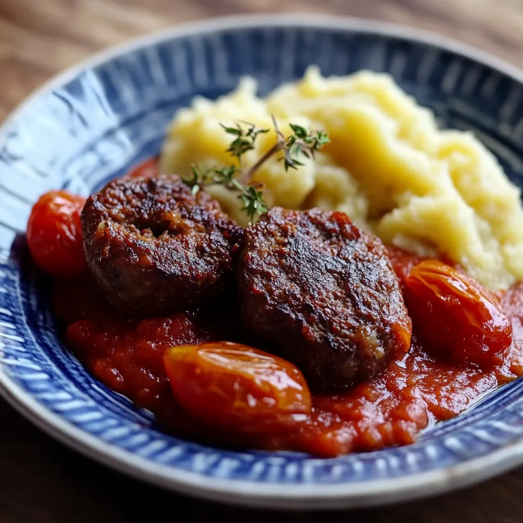 Um prato com carne, papas e tomates.
