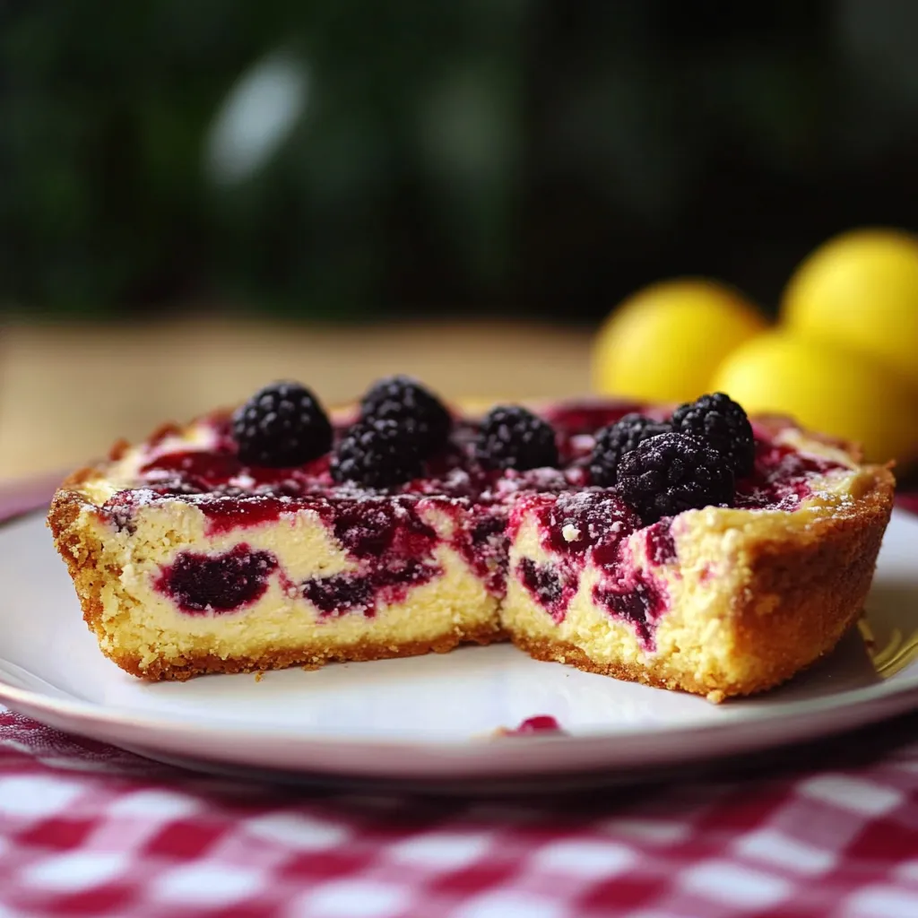 Um pedaço de tarta com frutas vermelhas e negras.