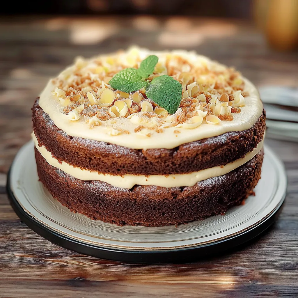 Um cake com creme e folhas de menta.