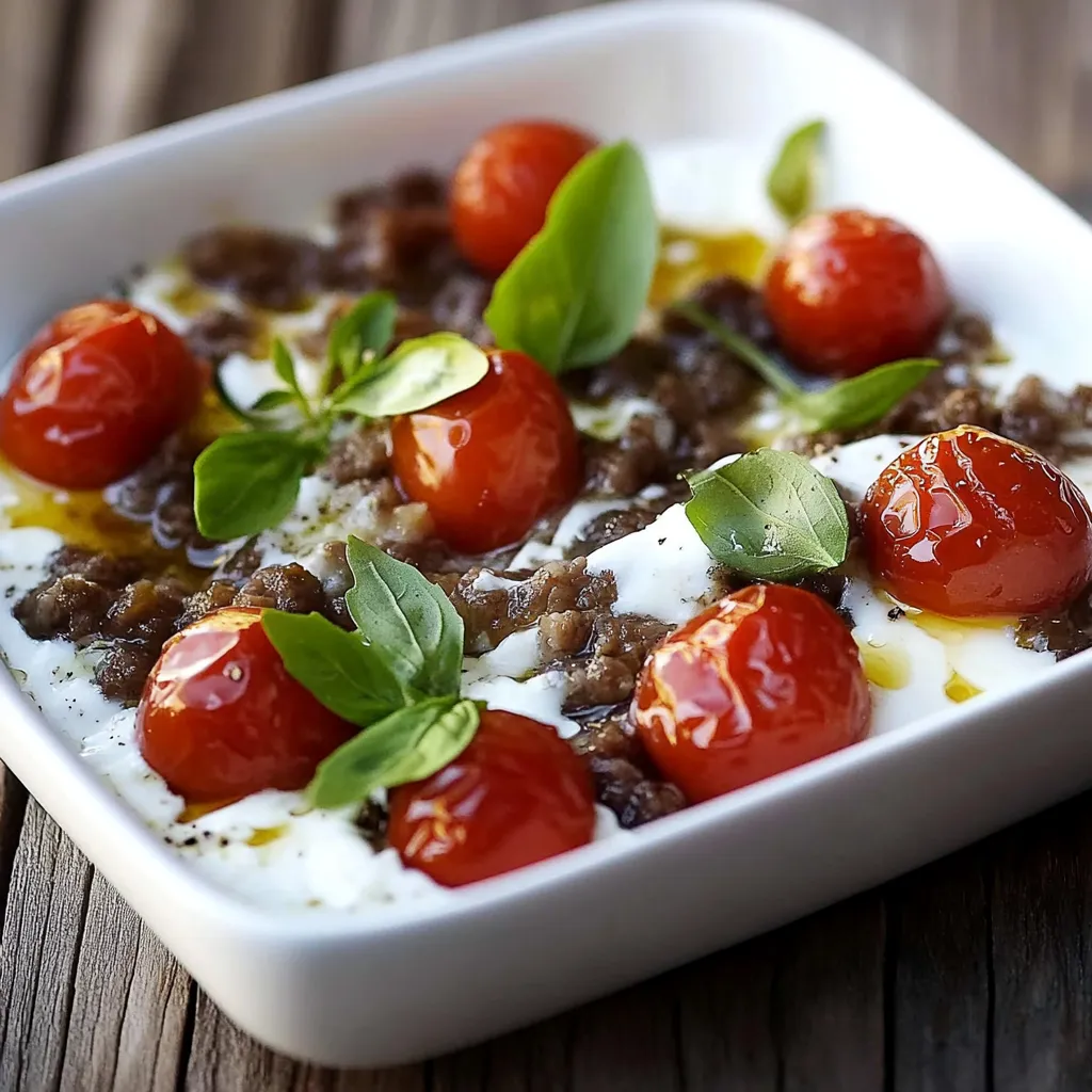 Um prato com tomates e ervas, com uma base de creme.