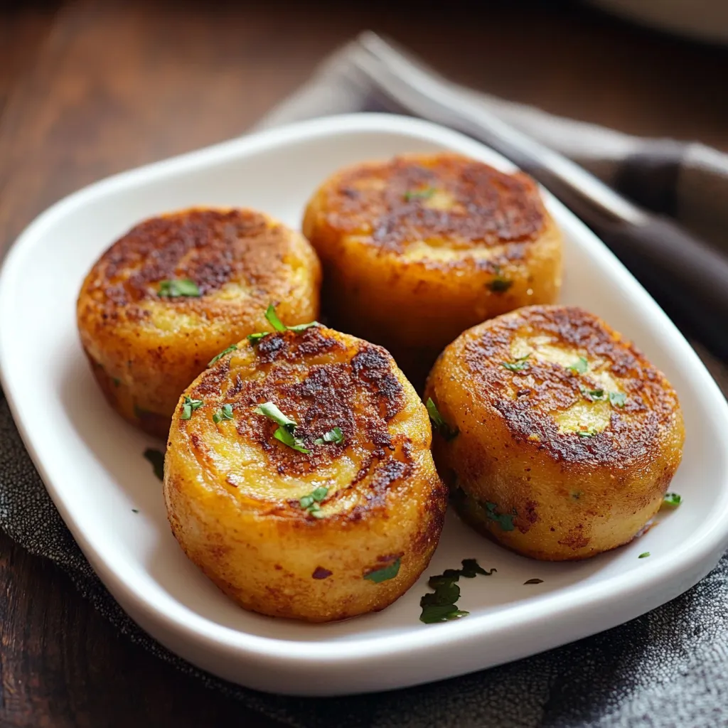Quatro bolinhas de batatas fritas em um prato.