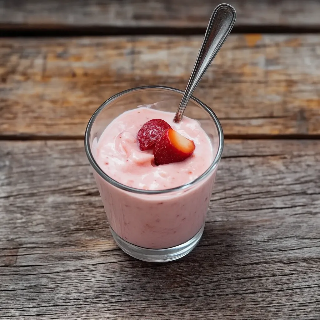 Um copo de creme de frutas com uma pitada de frutas vermelhas no fundo.