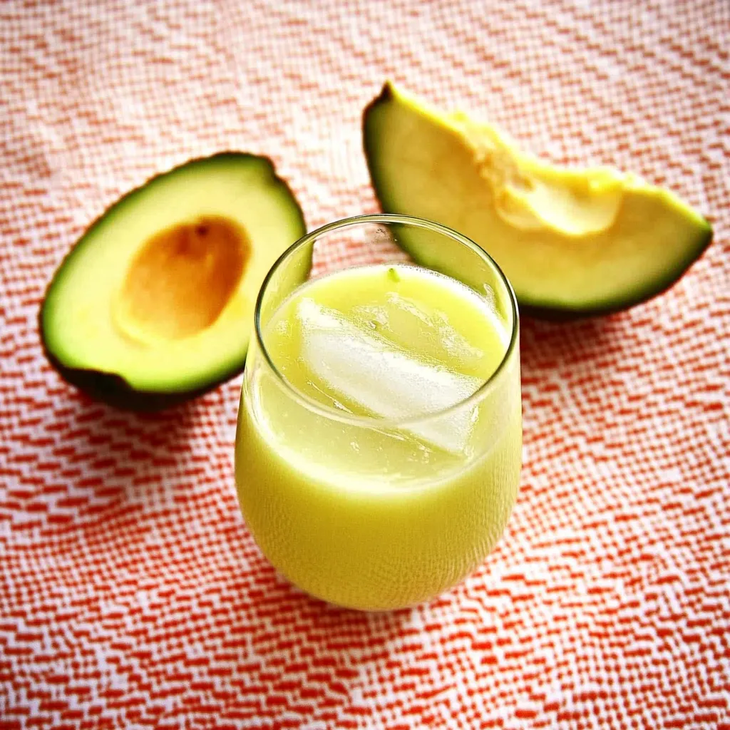 Glass of lemonade with a slice of avocado on the side.