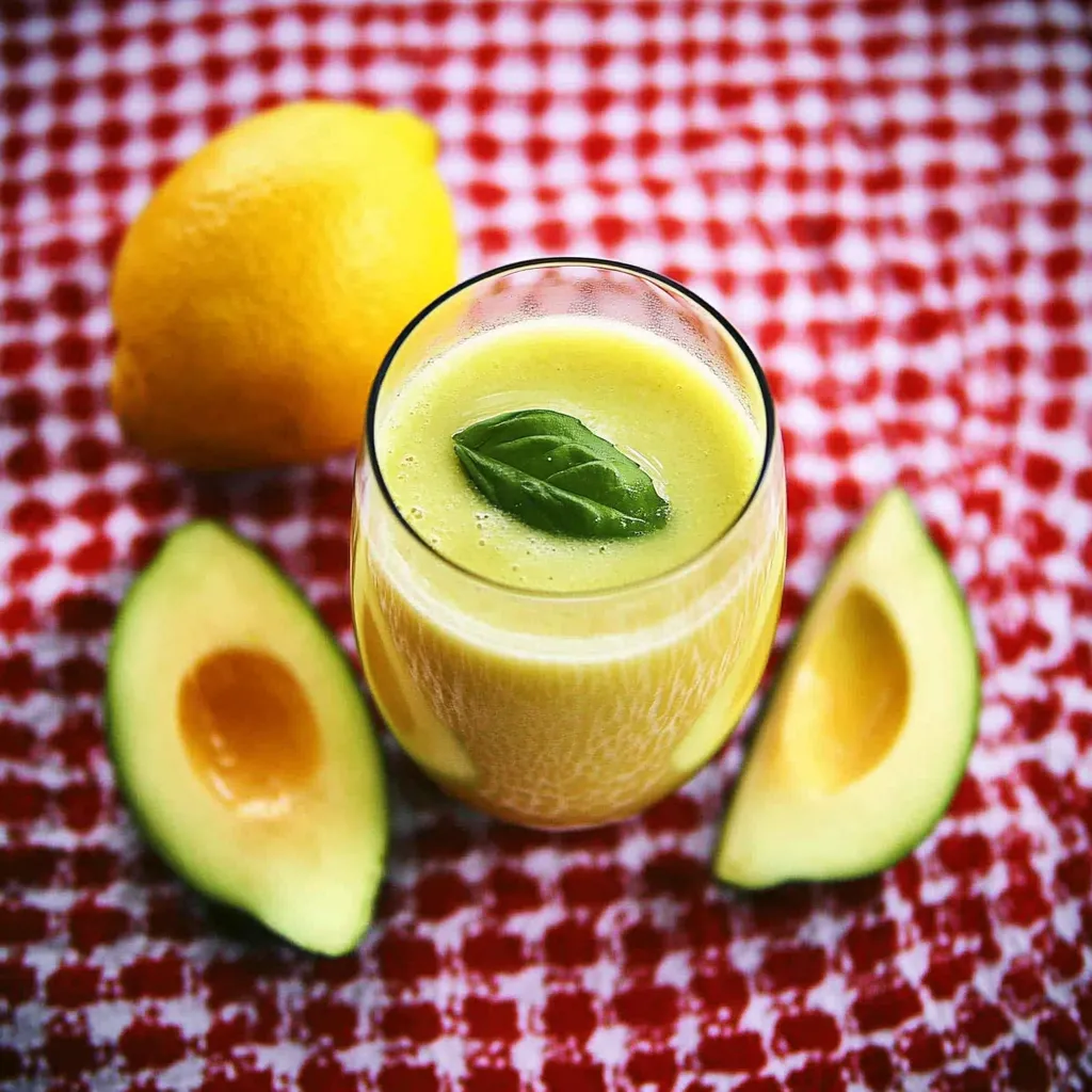 Um copo de suco com uma folha de espinaca no fundo.