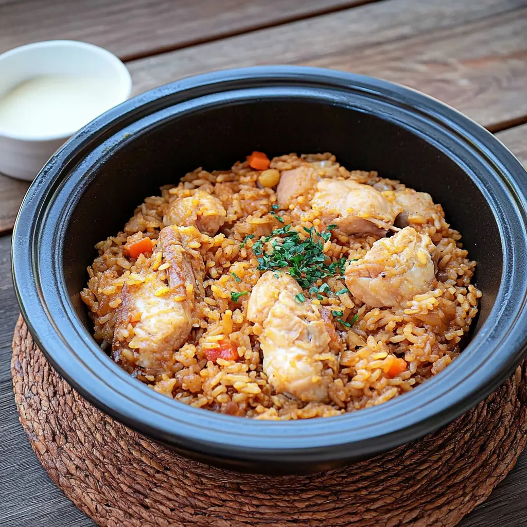 Um prato de arroz com carne e vegetais.