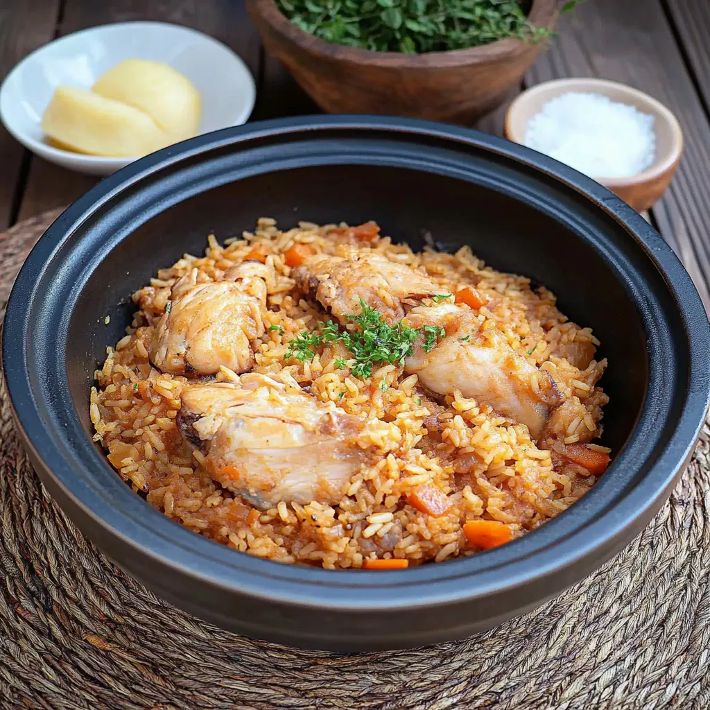 Um prato de arroz com carne e vegetais.
