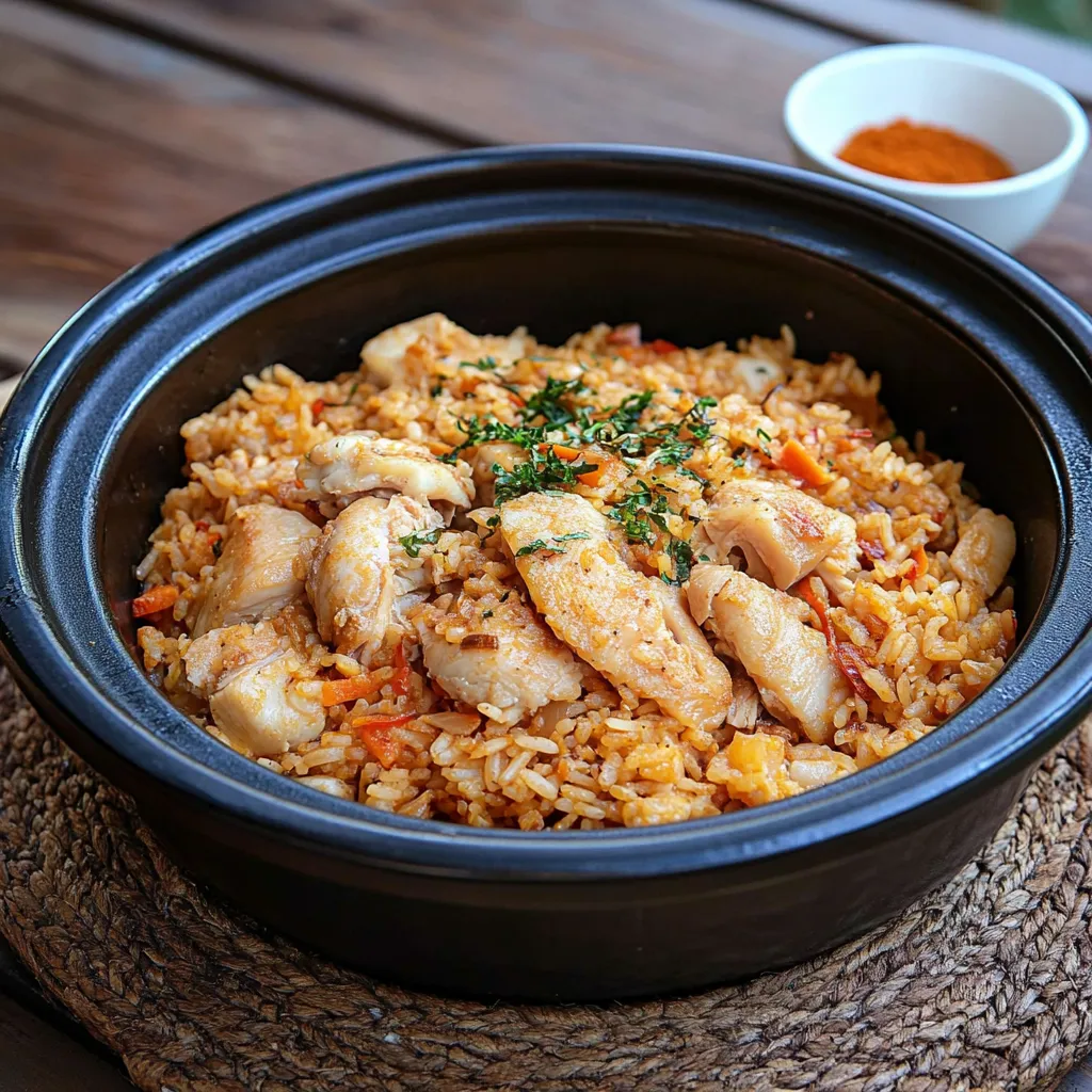 Um prato de arroz com carne e vegetais.