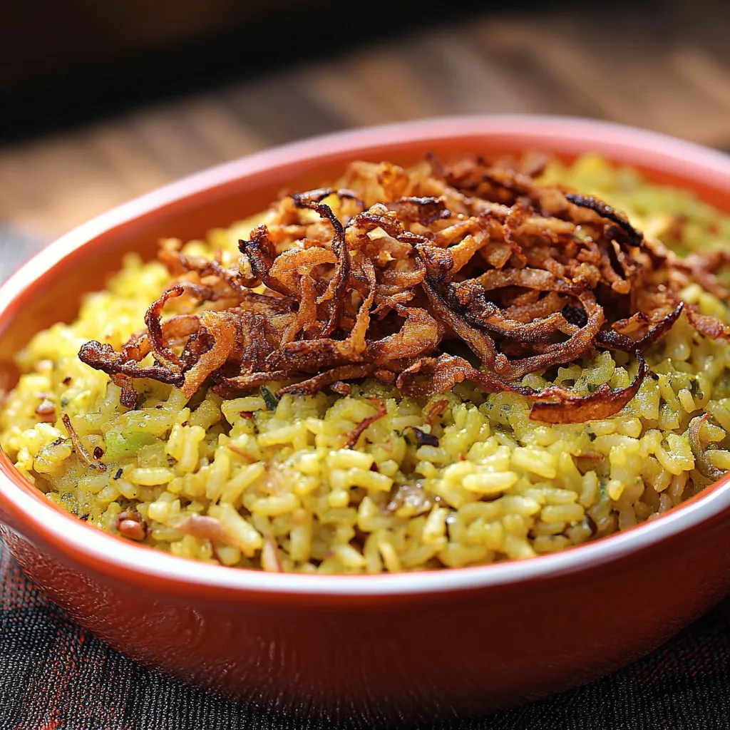 Um prato de arroz com cebola e cenoura.