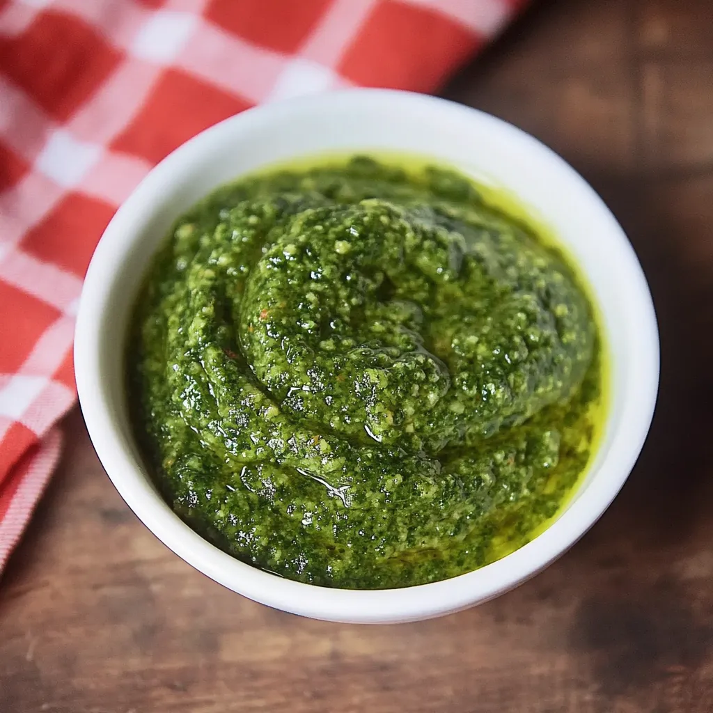 Um copo de pesto verde.