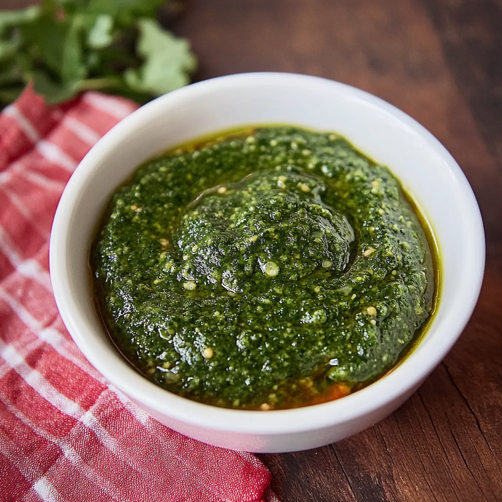 Um frasco de pesto verde em uma mesa.
