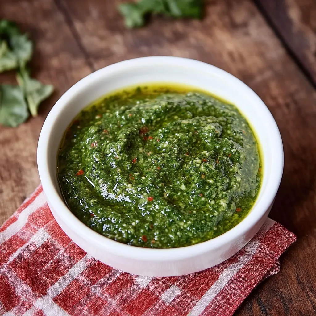 Um frasco de pesto verde em uma mesa.