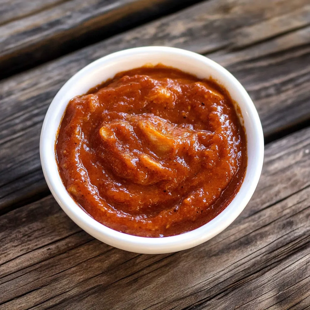 Um copo de molho de tomate em uma mesa de madeira.