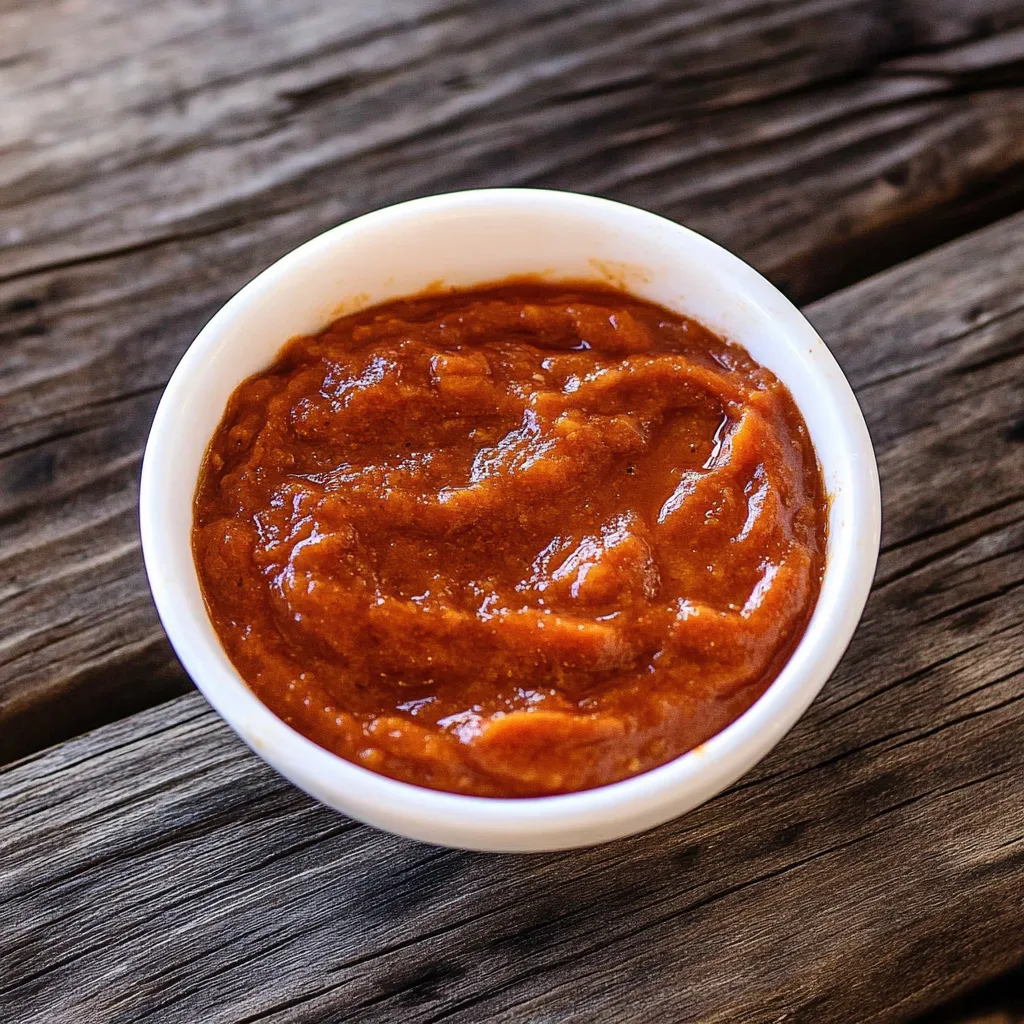 Um copo de molho de tomate em uma mesa de madeira.