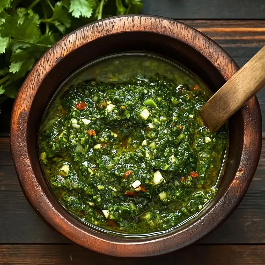 Um copo de salsa verde com uma cadeia de alho.
