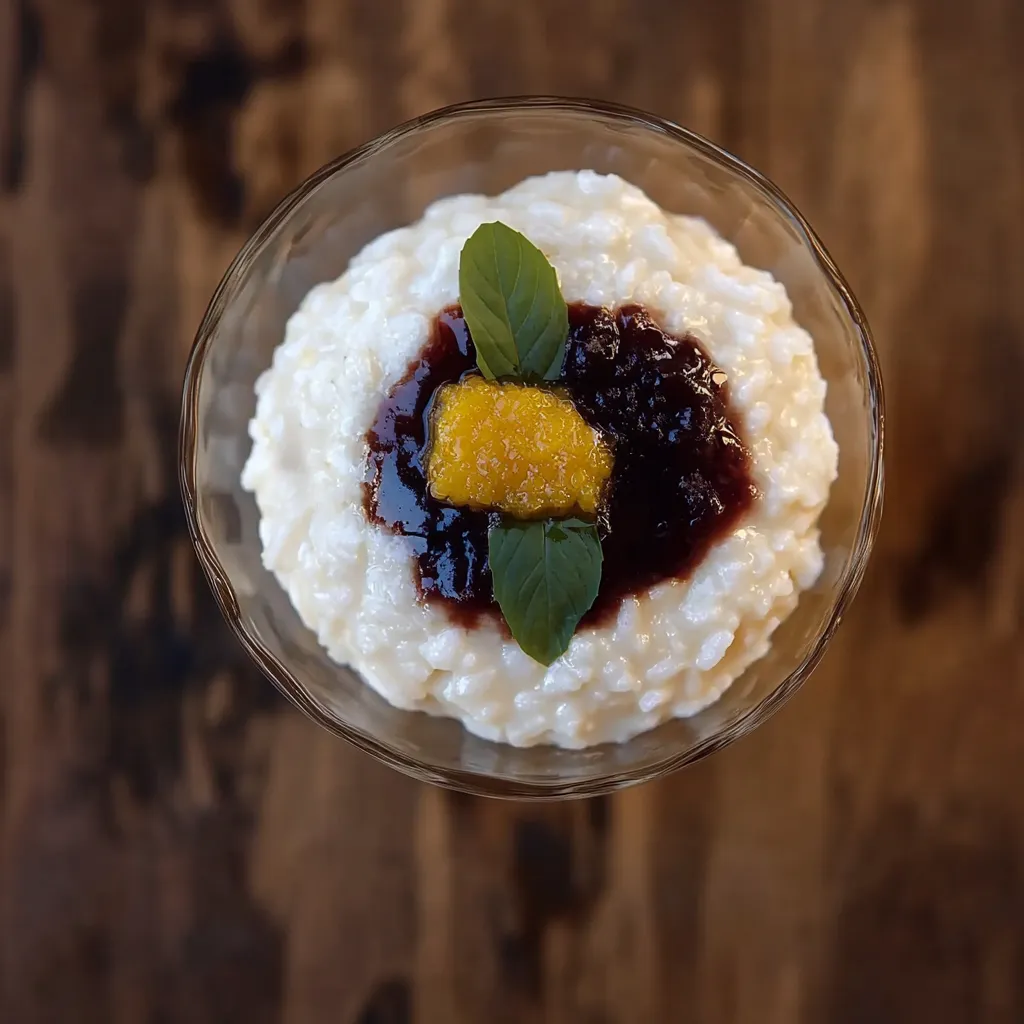 Riso com frutas vermelhas e folhas verdes.
