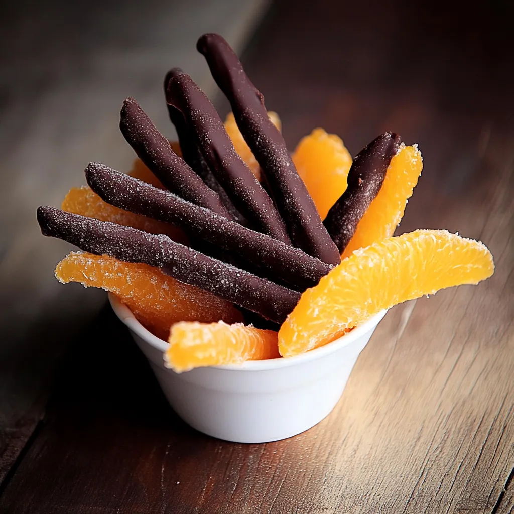 Um prato com cerejas, chocolate e laranja.