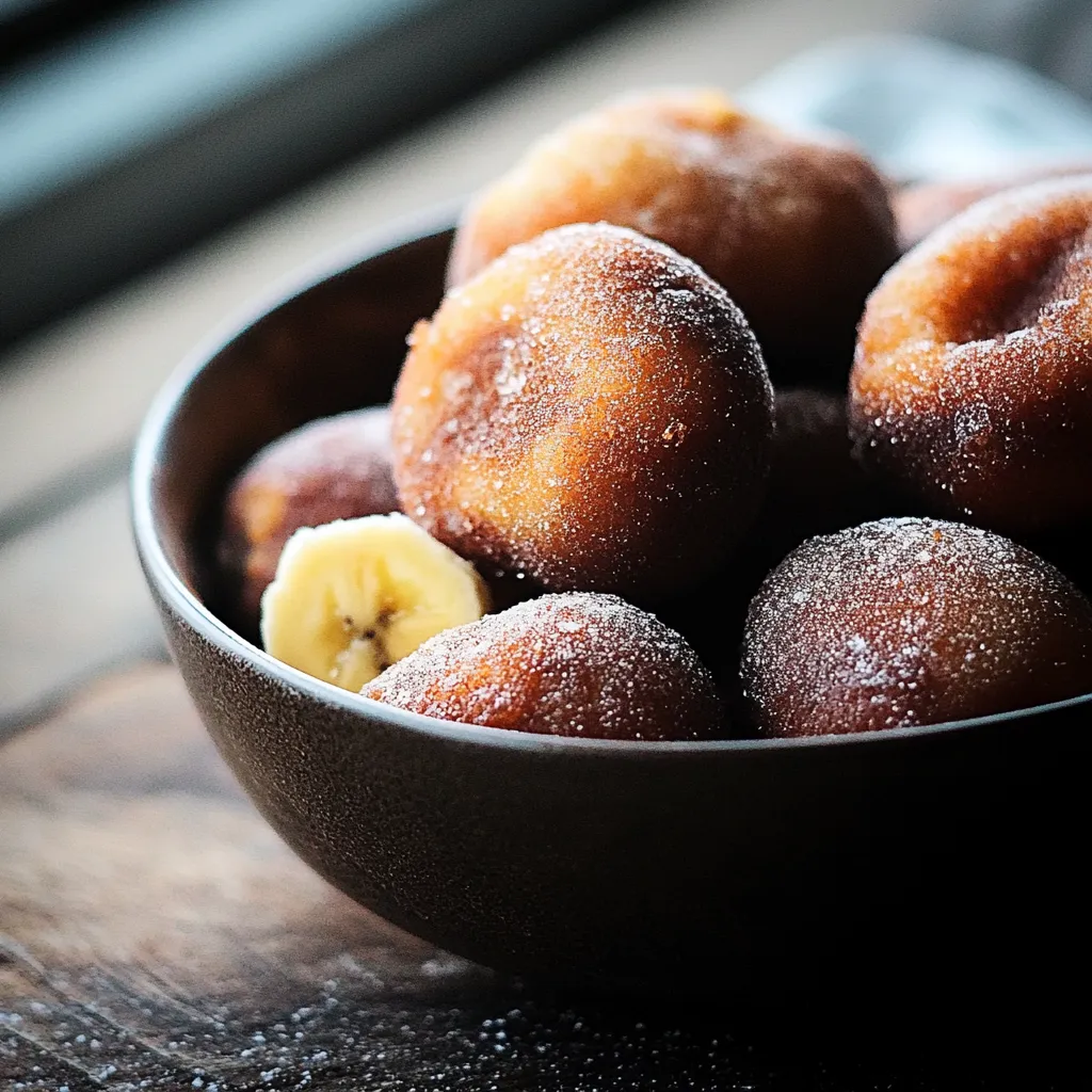 Um prato cheio de donuts com uma banana no centro.
