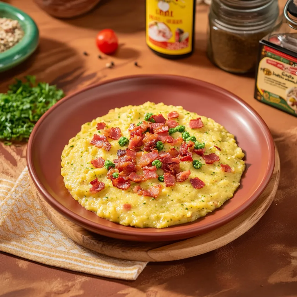 Um prato de macarrão com bacon e tomate.