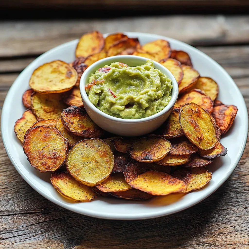 Um prato cheio de papas fritas e guacamole.